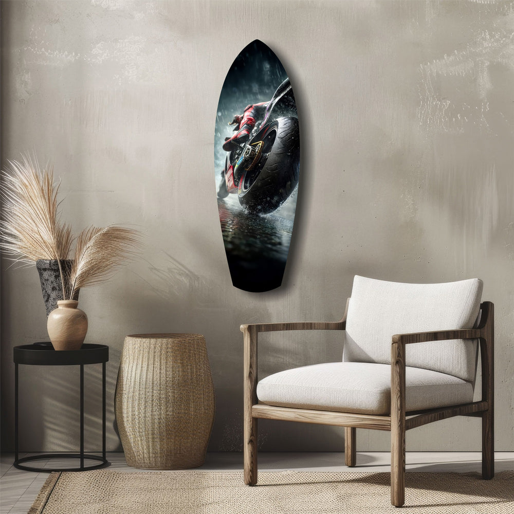 Motorcycle Speed Rain Close-Up Tempered Glass Wall Art.