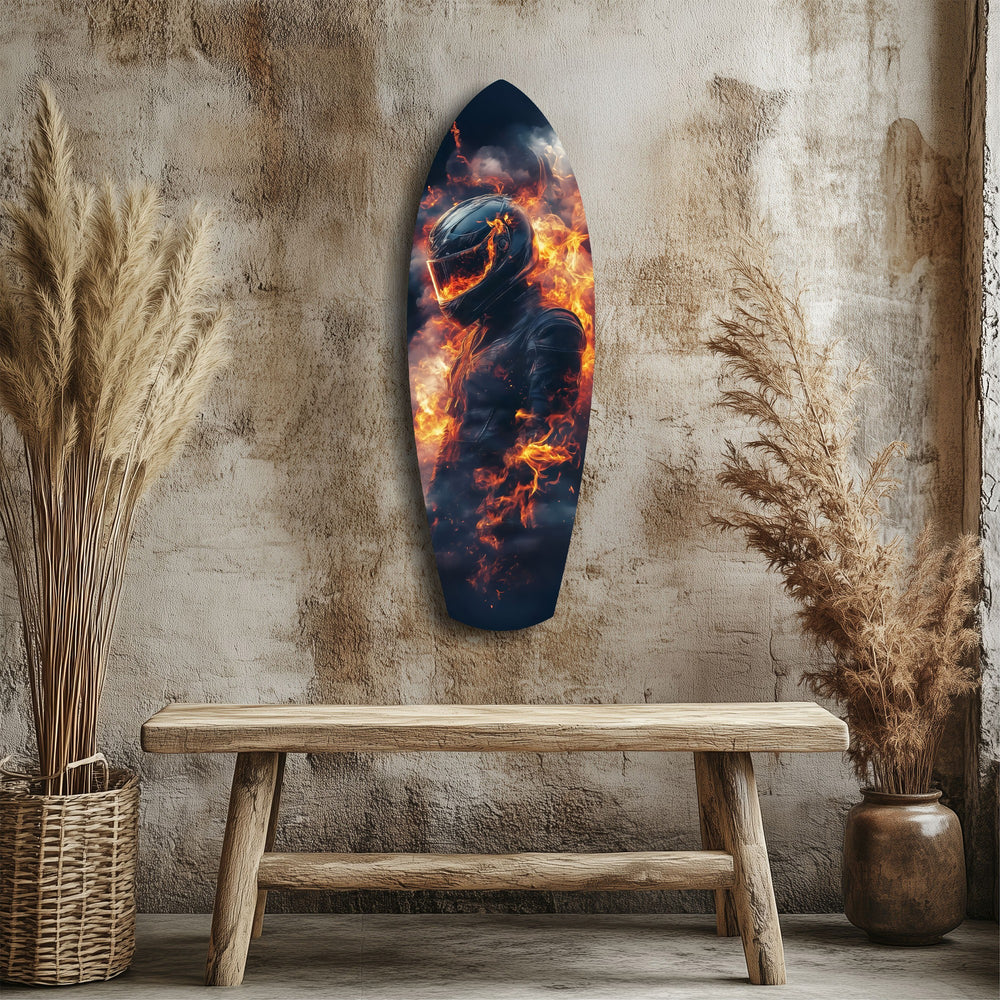 Flaming Helmet Motorcycle Rider Tempered Glass Wall Art.