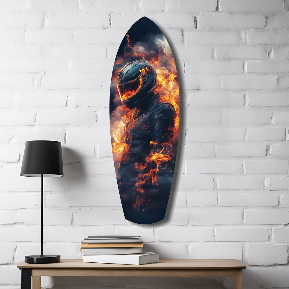 Flaming Helmet Motorcycle Rider Tempered Glass Wall Art.
