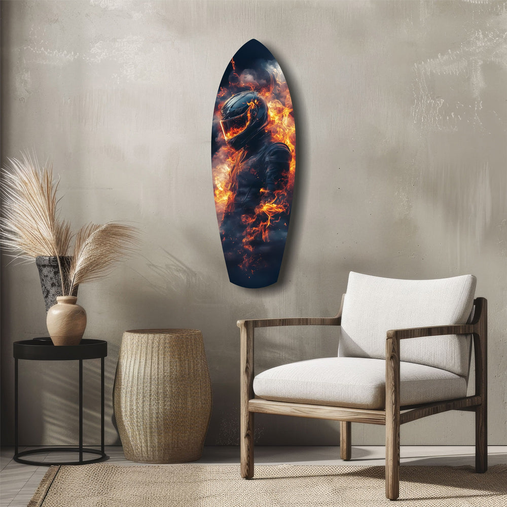 Flaming Helmet Motorcycle Rider Tempered Glass Wall Art.