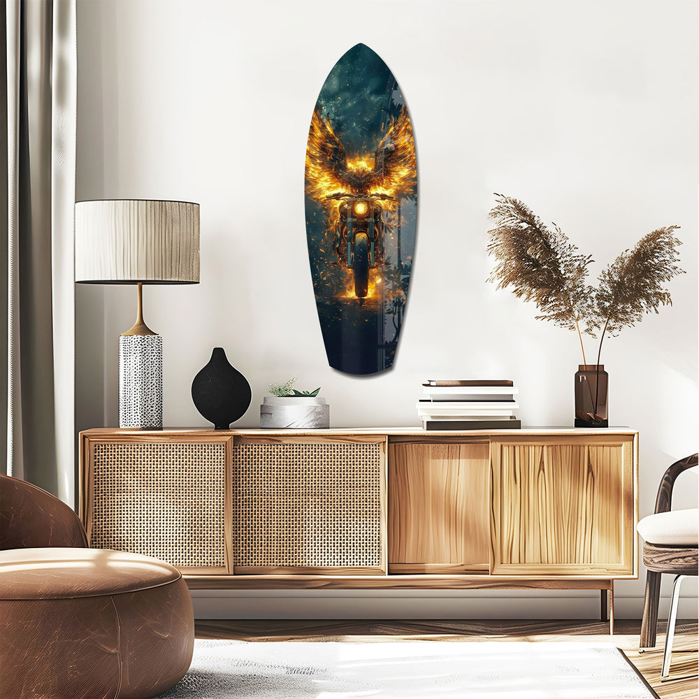 Golden Eagle Wings Motorcycle Fire Glass Wall Art.