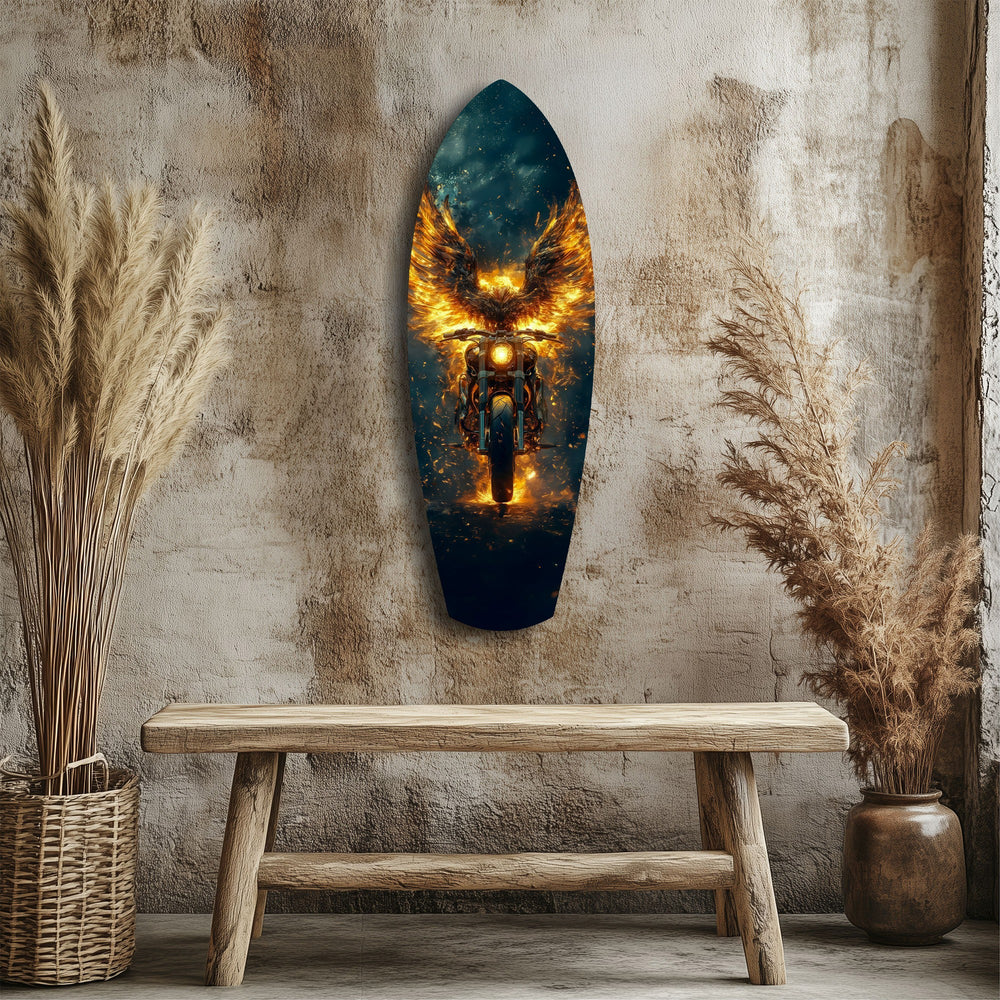 Golden Eagle Wings Motorcycle Fire Glass Wall Art.