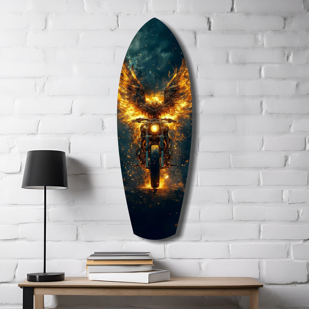 Golden Eagle Wings Motorcycle Fire Glass Wall Art.