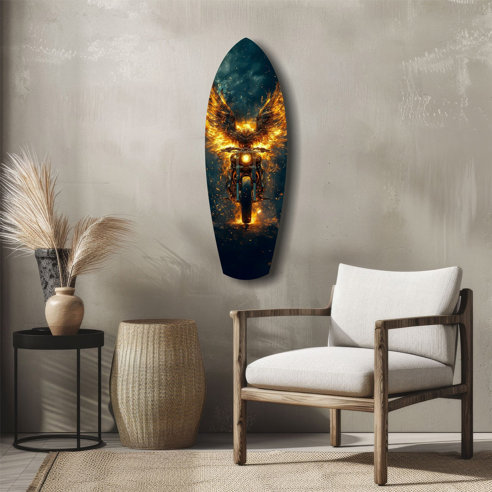 Golden Eagle Wings Motorcycle Fire Glass Wall Art.