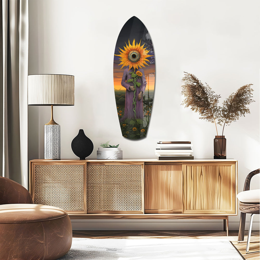 Sunflower-Headed Figure Surreal Glass Wall Art.