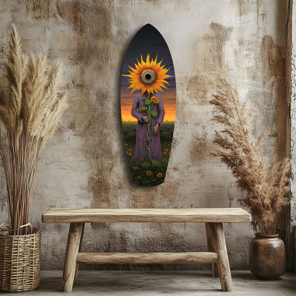 Sunflower-Headed Figure Surreal Glass Wall Art.