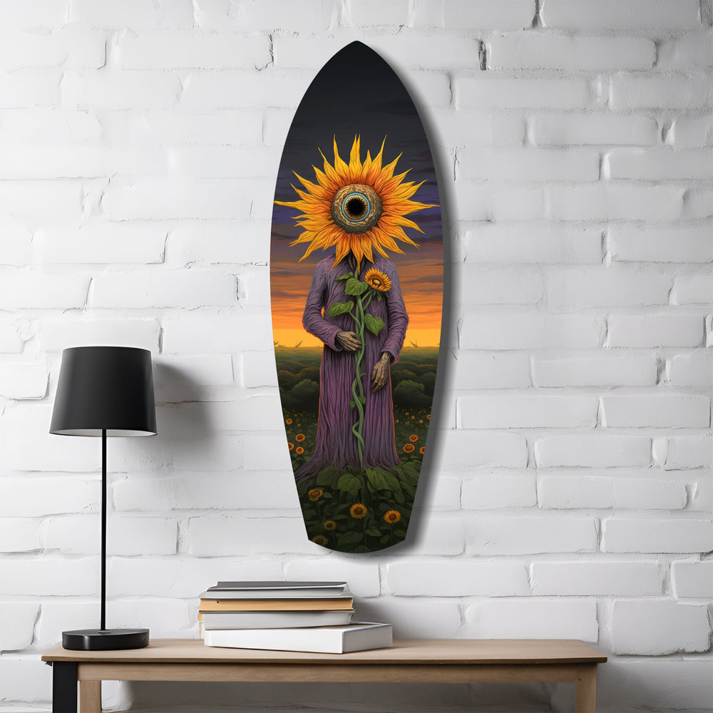 Sunflower-Headed Figure Surreal Glass Wall Art.