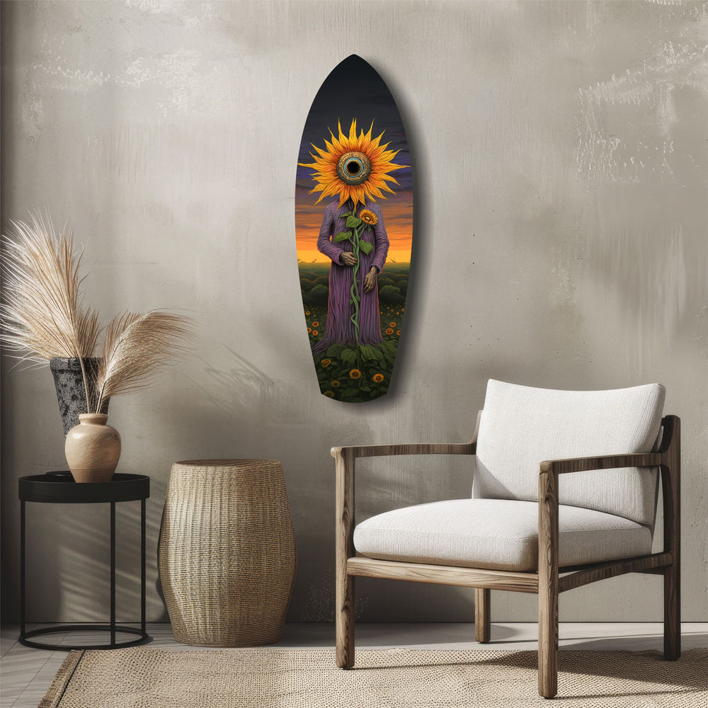 Sunflower-Headed Figure Surreal Glass Wall Art.