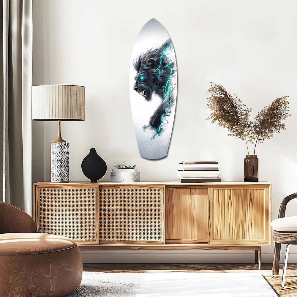 Black Lion Cyan Lightning Glass Wall Art.