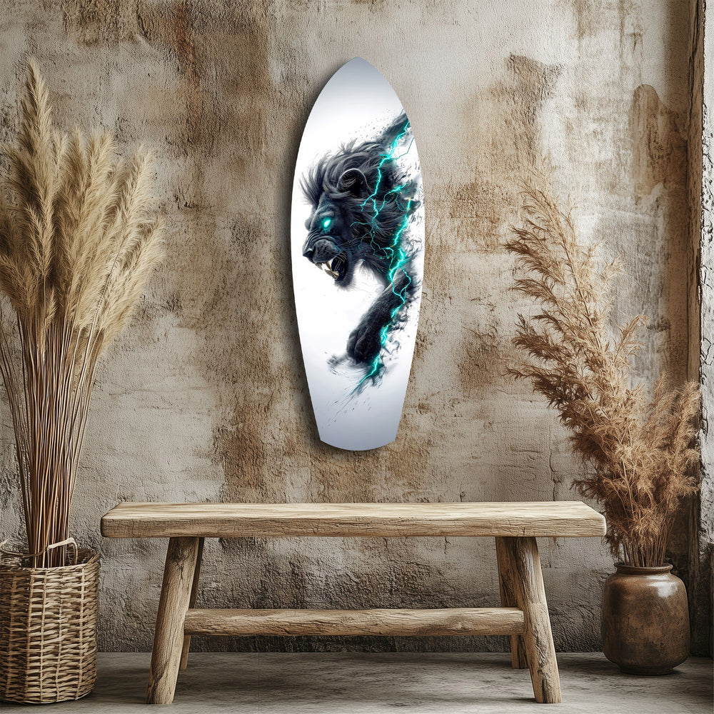 Black Lion Cyan Lightning Glass Wall Art.