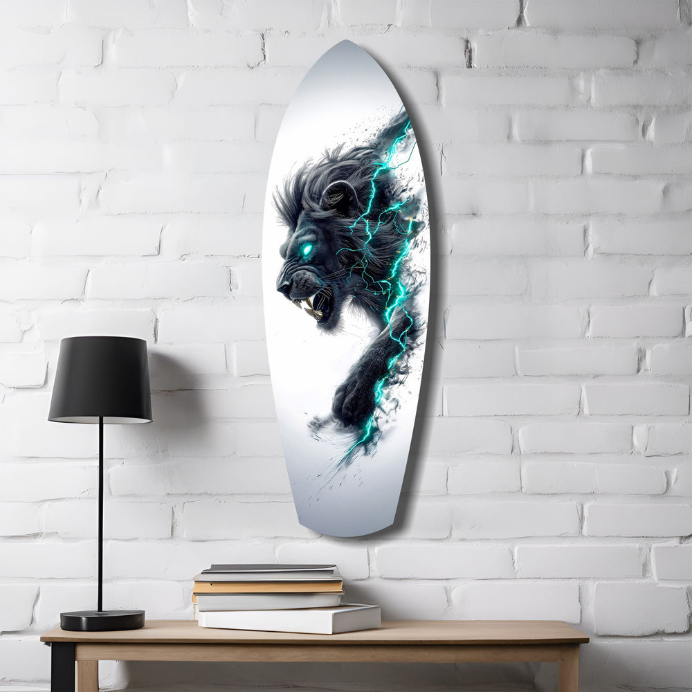 Black Lion Cyan Lightning Glass Wall Art.