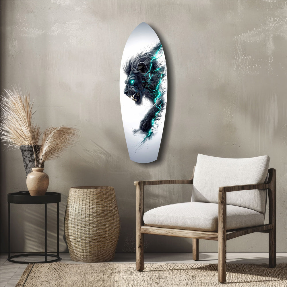 Black Lion Cyan Lightning Glass Wall Art.