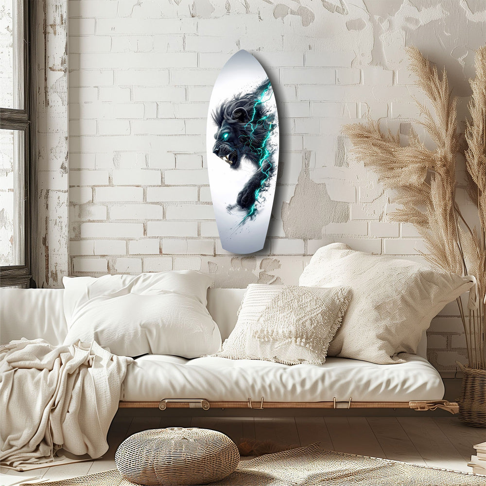 Black Lion Cyan Lightning Glass Wall Art.