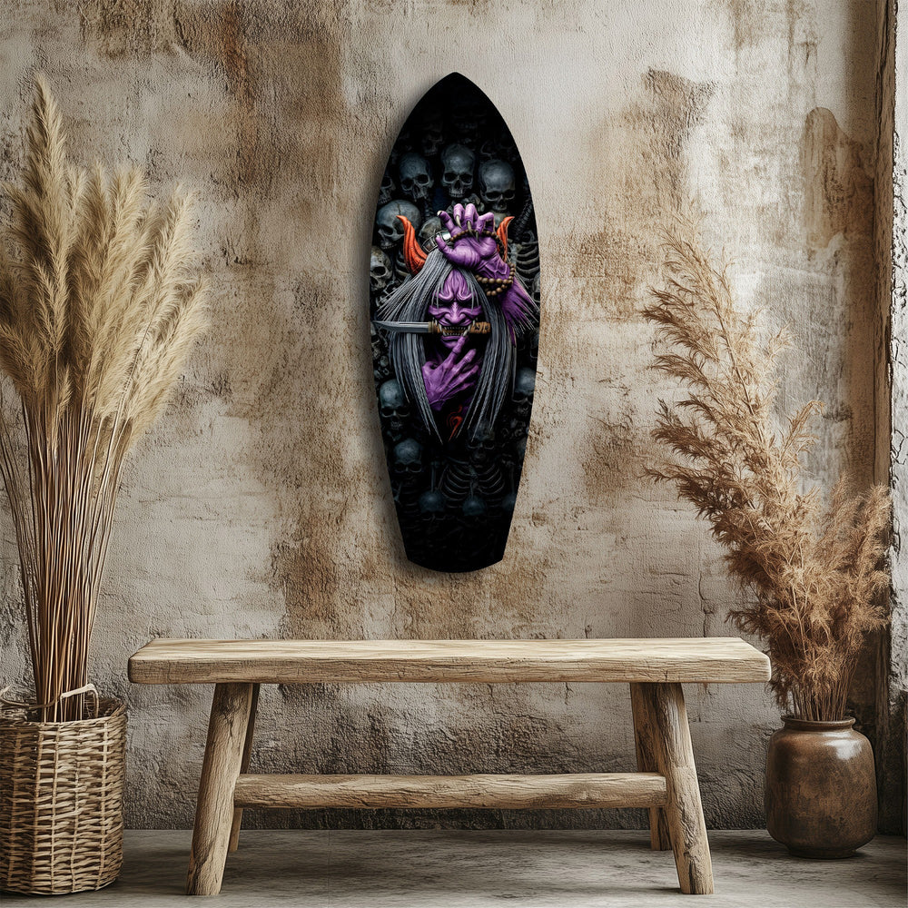 Purple Hannya Mask Skulls Dark Glass Wall Art.