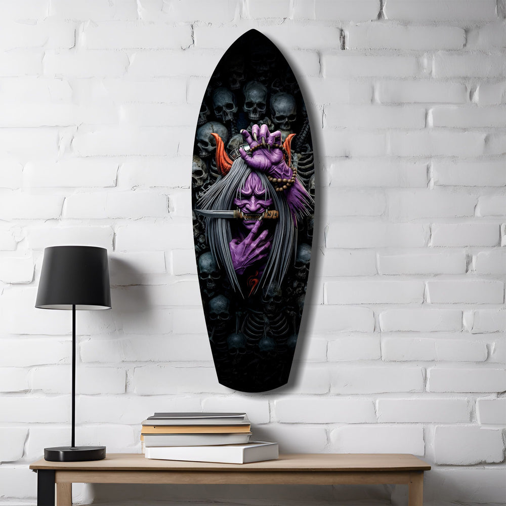Purple Hannya Mask Skulls Dark Glass Wall Art.