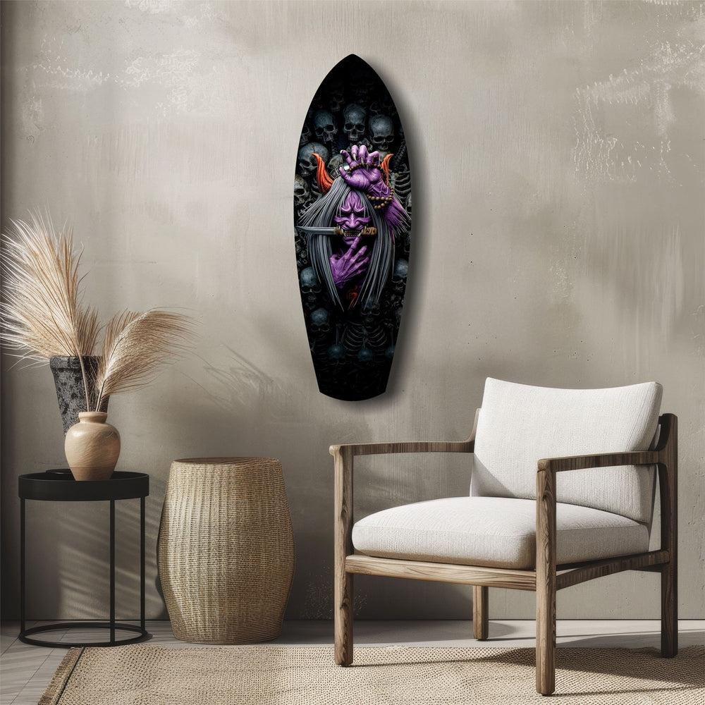 Purple Hannya Mask Skulls Dark Glass Wall Art.
