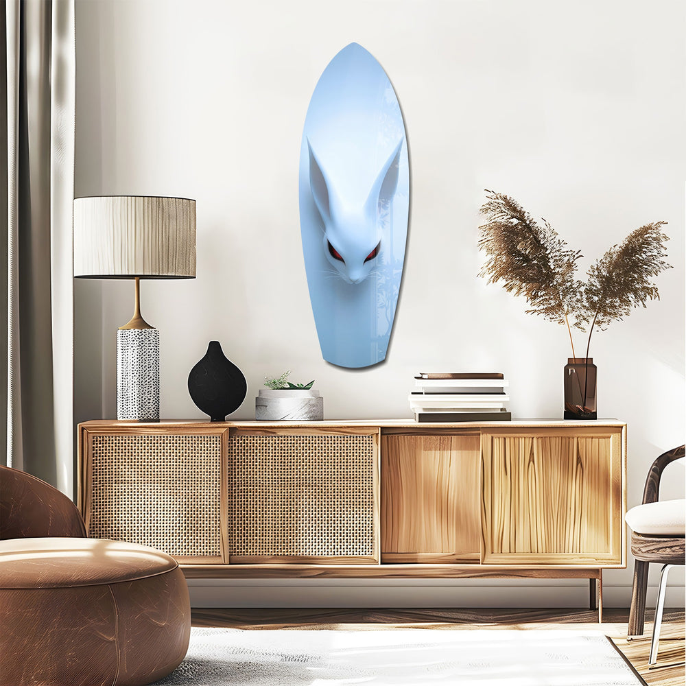 Pale Blue Rabbit Red Eyes Minimal Glass Wall Art.