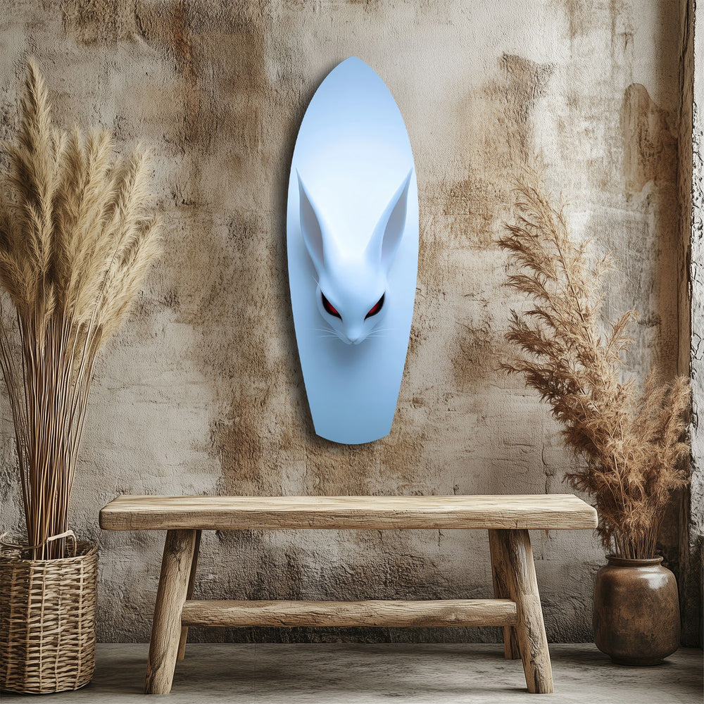 Pale Blue Rabbit Red Eyes Minimal Glass Wall Art.