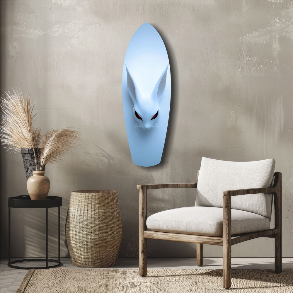 Pale Blue Rabbit Red Eyes Minimal Glass Wall Art.