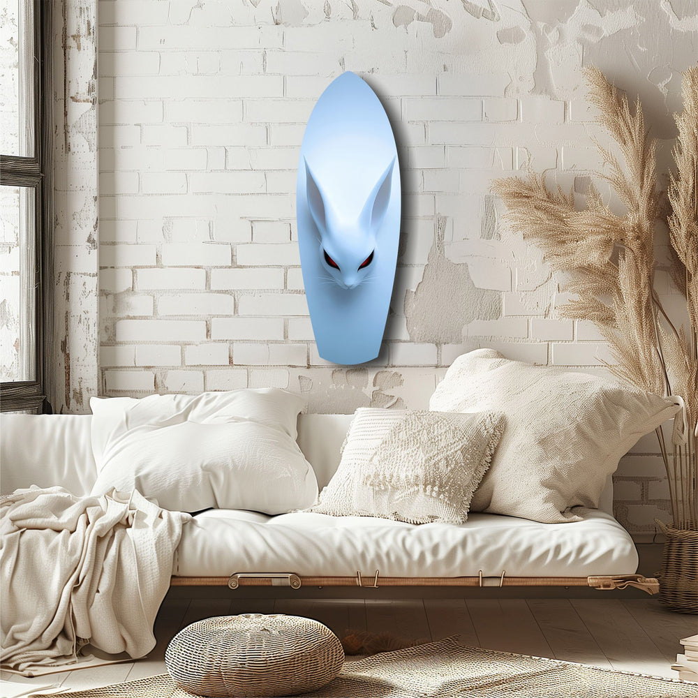 Pale Blue Rabbit Red Eyes Minimal Glass Wall Art.