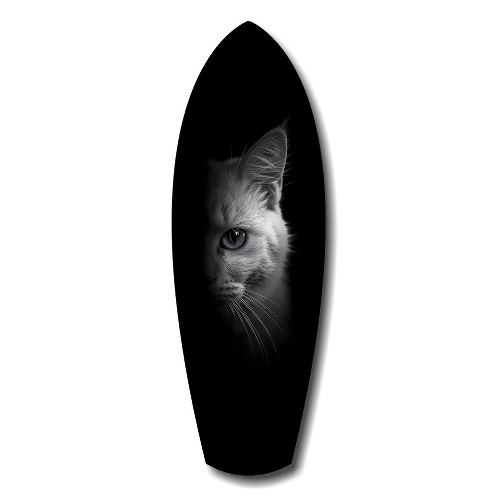 White Cat Half Face Black Background Glass Wall Art.