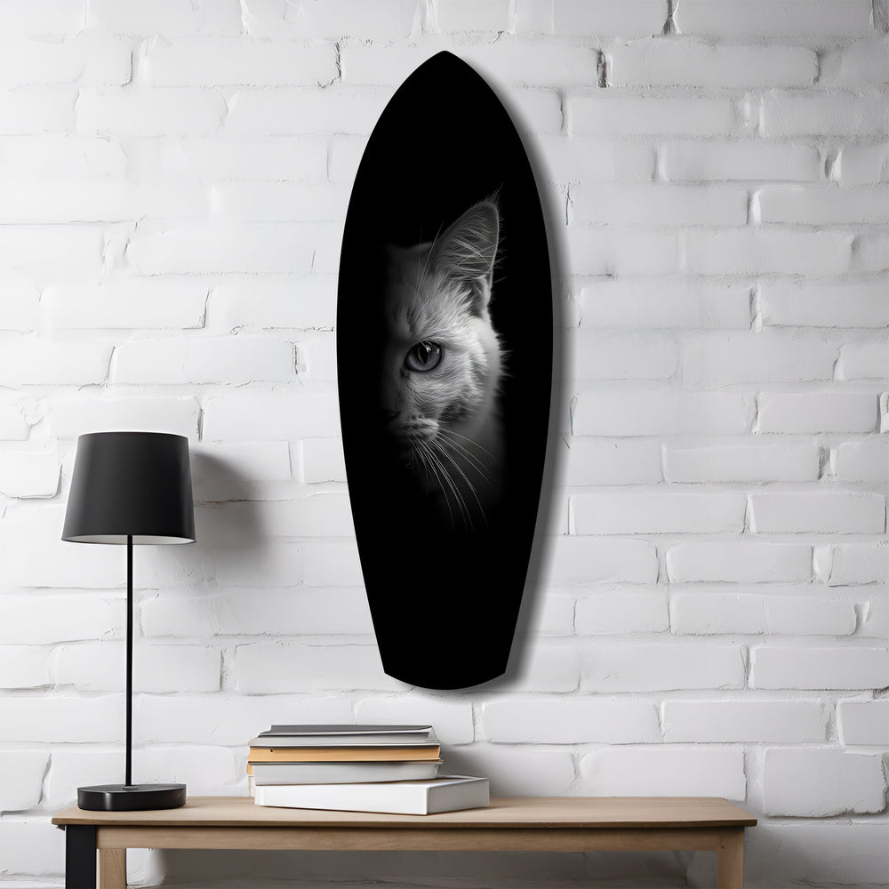 White Cat Half Face Black Background Glass Wall Art.