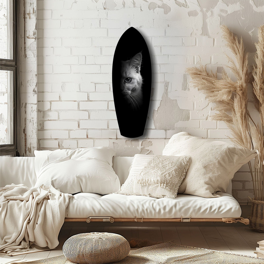White Cat Half Face Black Background Glass Wall Art.