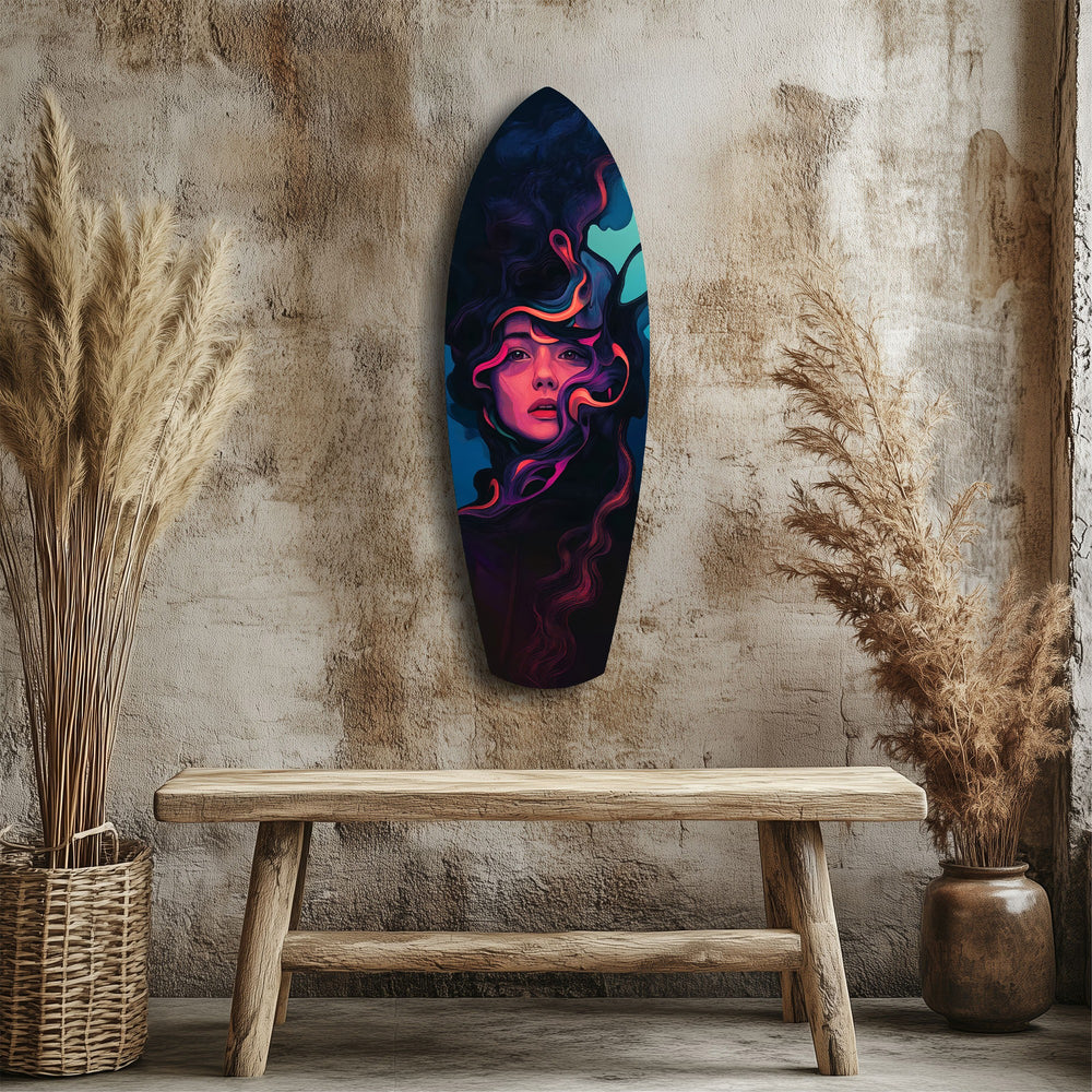 Neon Smoke Woman Portrait Surreal Glass Wall Art.