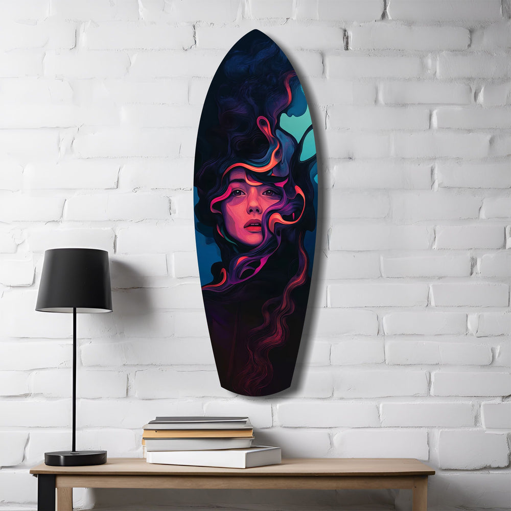 Neon Smoke Woman Portrait Surreal Glass Wall Art.