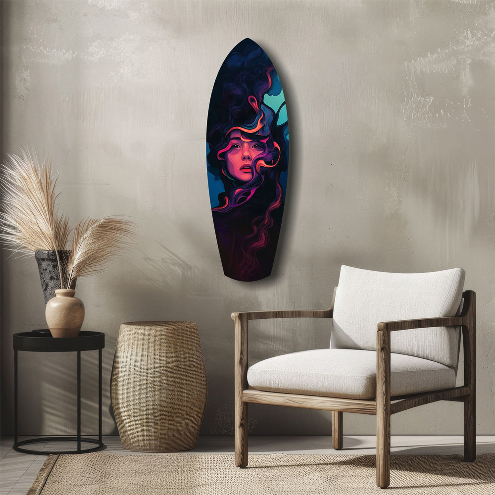 Neon Smoke Woman Portrait Surreal Glass Wall Art.