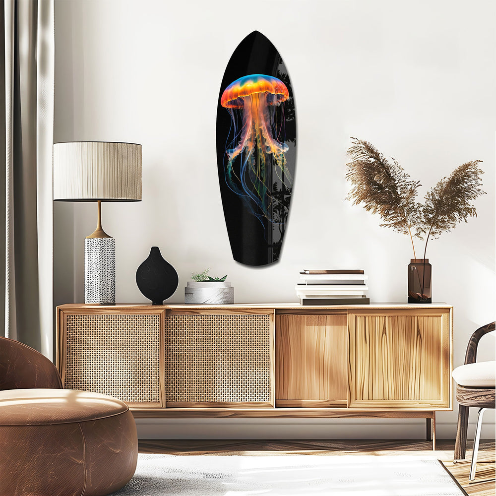 Glowing Orange Jellyfish Ocean Glass Wall Art.