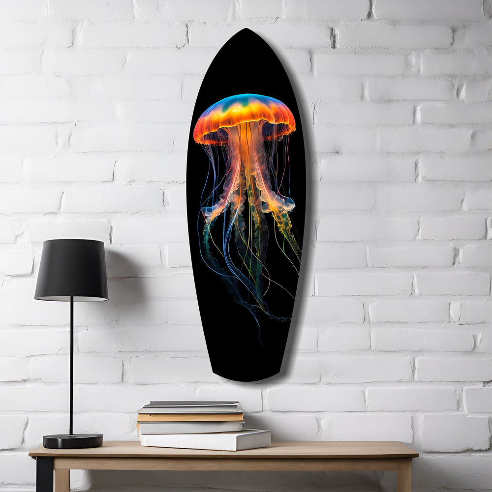 Glowing Orange Jellyfish Ocean Glass Wall Art.