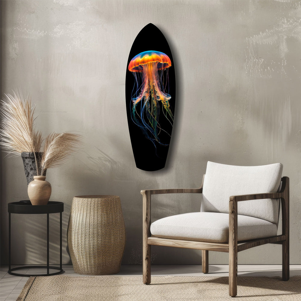 Glowing Orange Jellyfish Ocean Glass Wall Art.