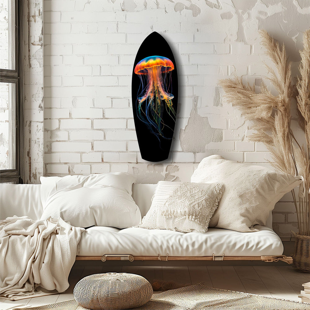 Glowing Orange Jellyfish Ocean Glass Wall Art.