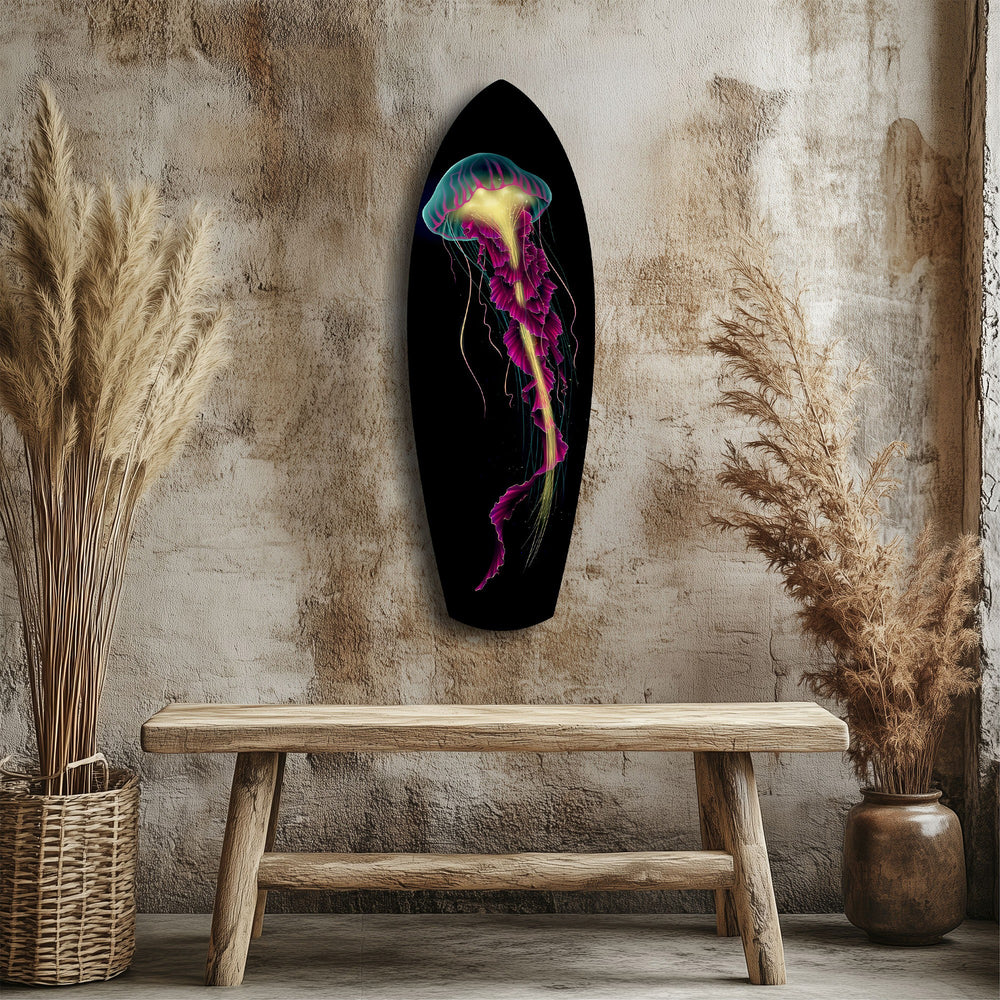 Magenta Teal Jellyfish Bioluminescent Glass Wall Art.