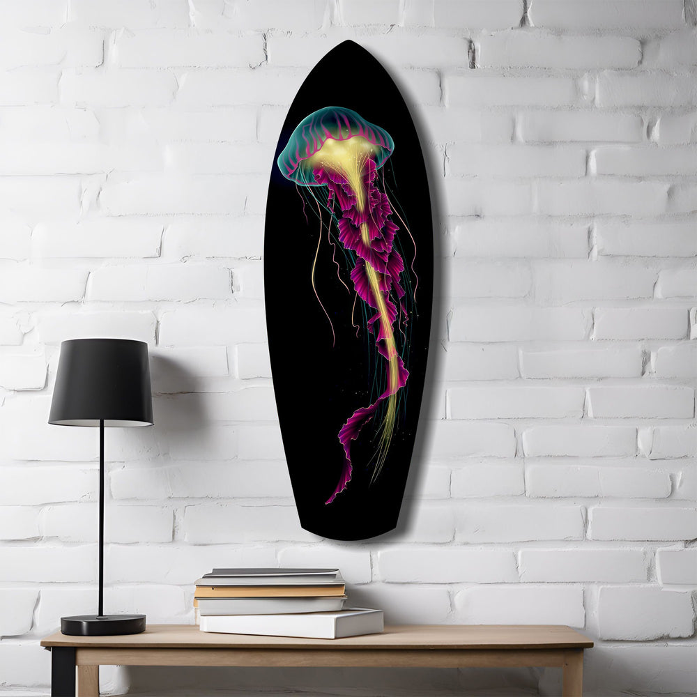 Magenta Teal Jellyfish Bioluminescent Glass Wall Art.