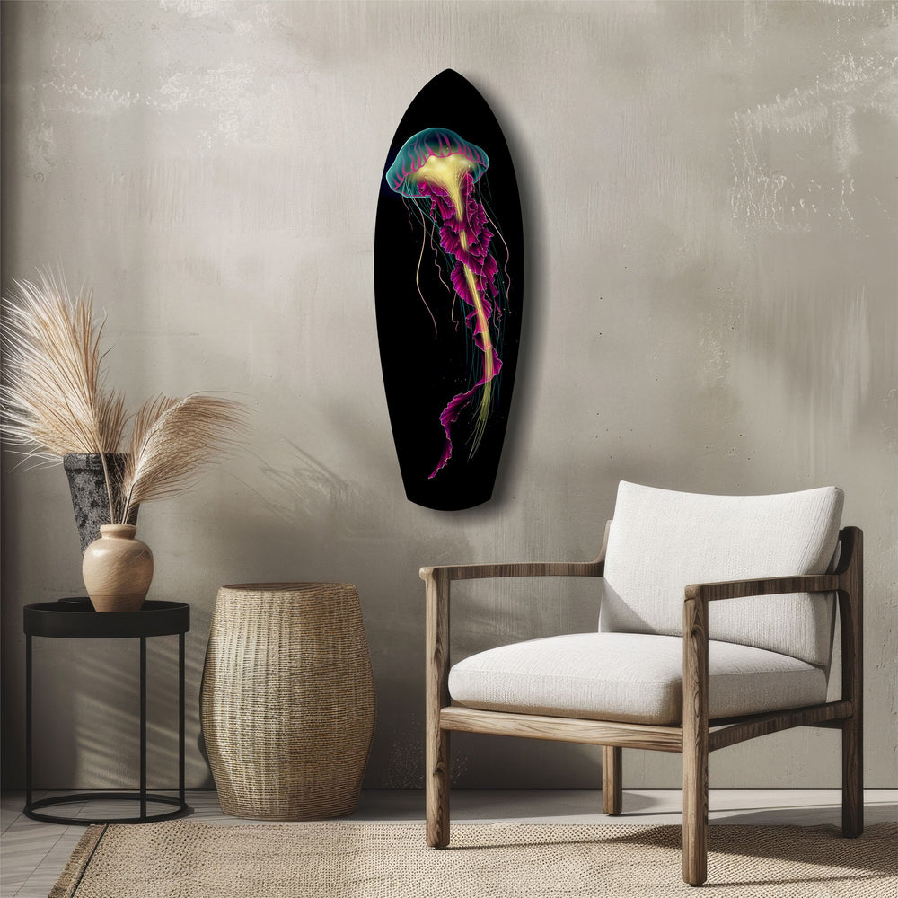 Magenta Teal Jellyfish Bioluminescent Glass Wall Art.