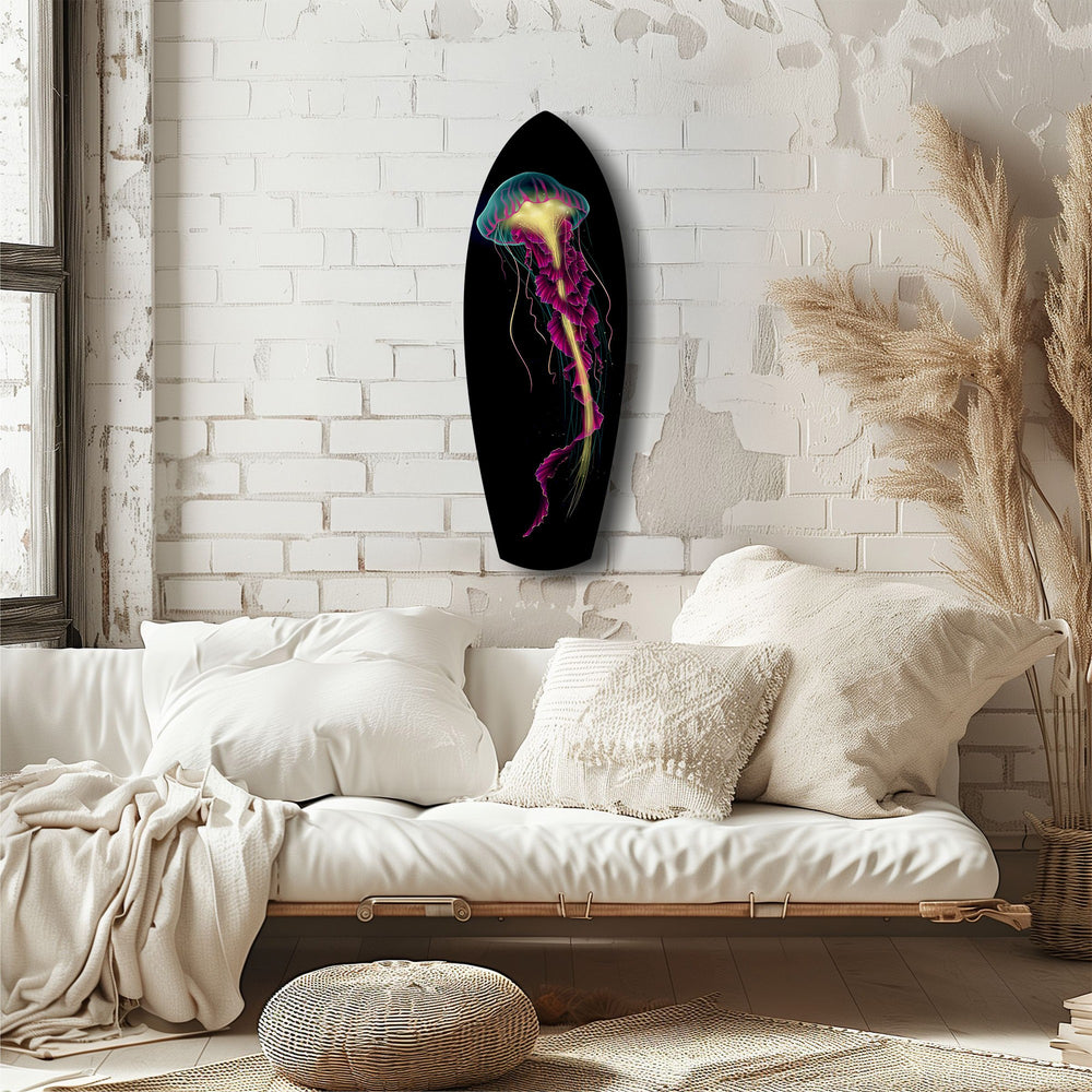 Magenta Teal Jellyfish Bioluminescent Glass Wall Art.