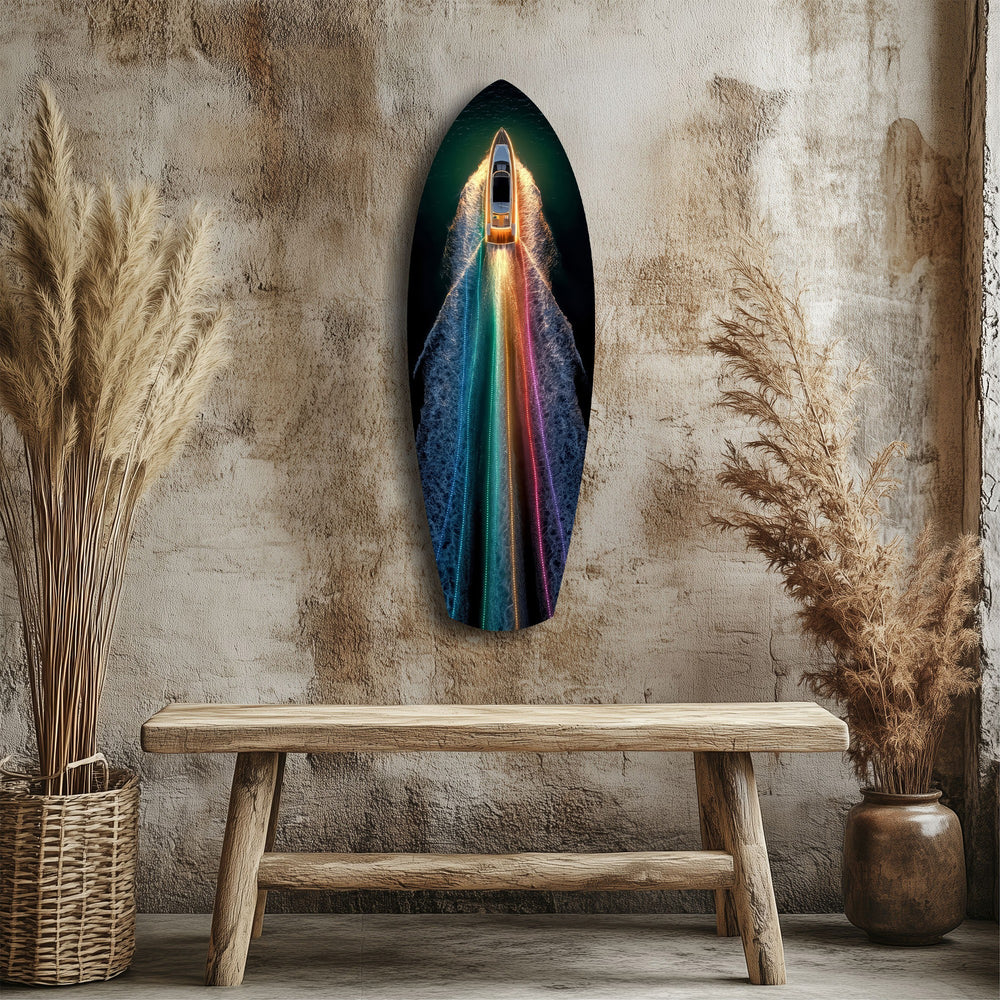 Rainbow Wake Speedboat Aerial Glass Wall Art.
