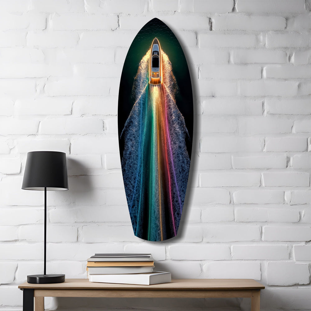 Rainbow Wake Speedboat Aerial Glass Wall Art.
