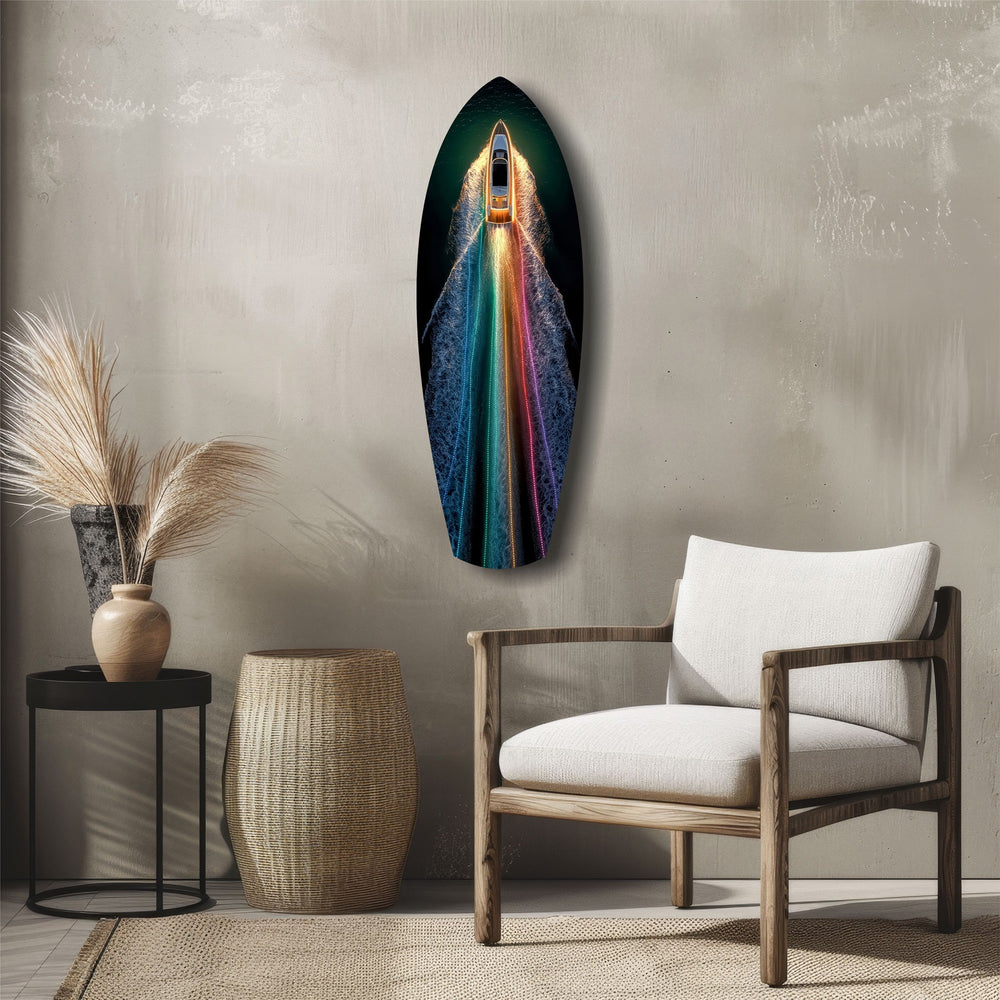 Rainbow Wake Speedboat Aerial Glass Wall Art.