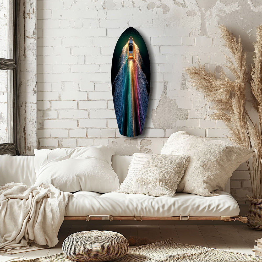Rainbow Wake Speedboat Aerial Glass Wall Art.
