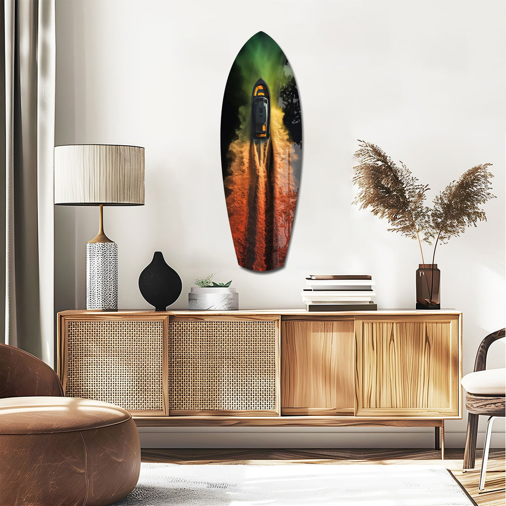 Smoke Trail Speedboat Aerial Glass Wall Art.