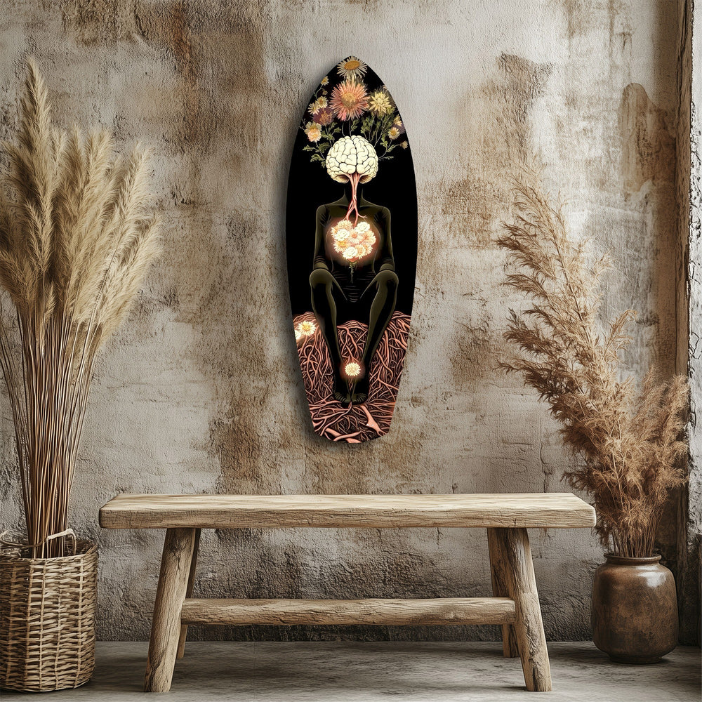 Brain Flowers Roots Surreal Glass Wall Art.