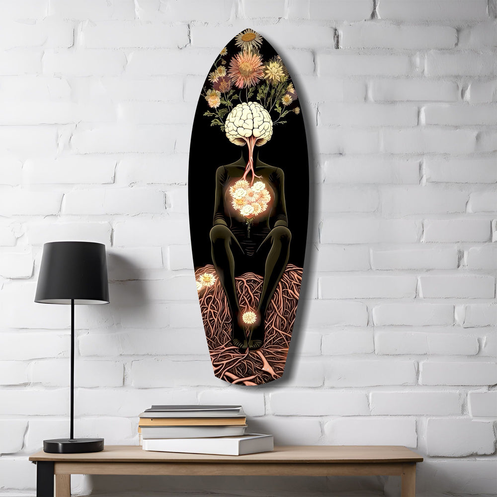 Brain Flowers Roots Surreal Glass Wall Art.