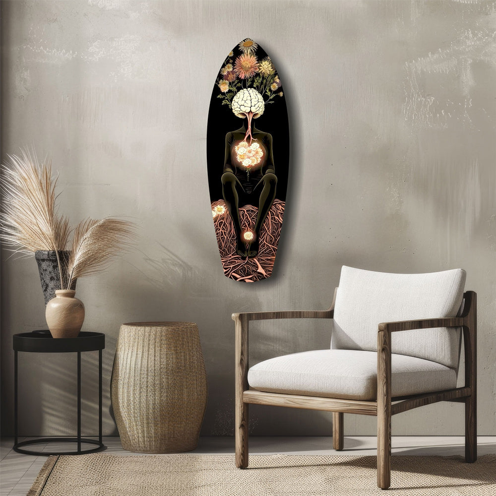 Brain Flowers Roots Surreal Glass Wall Art.