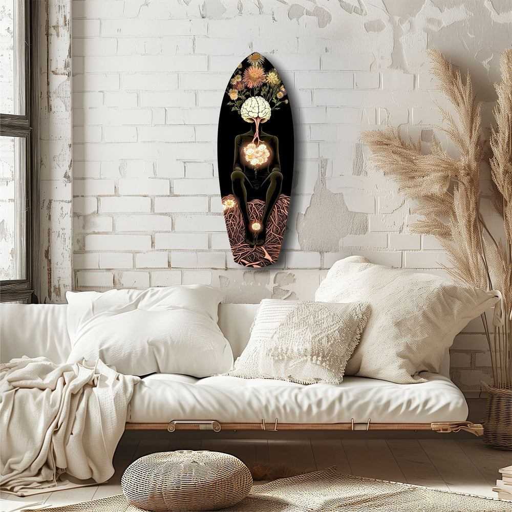 Brain Flowers Roots Surreal Glass Wall Art.