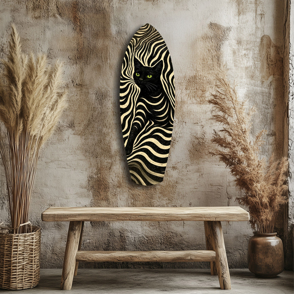 Black Cat Wavy Optical Pattern Glass Wall Art.