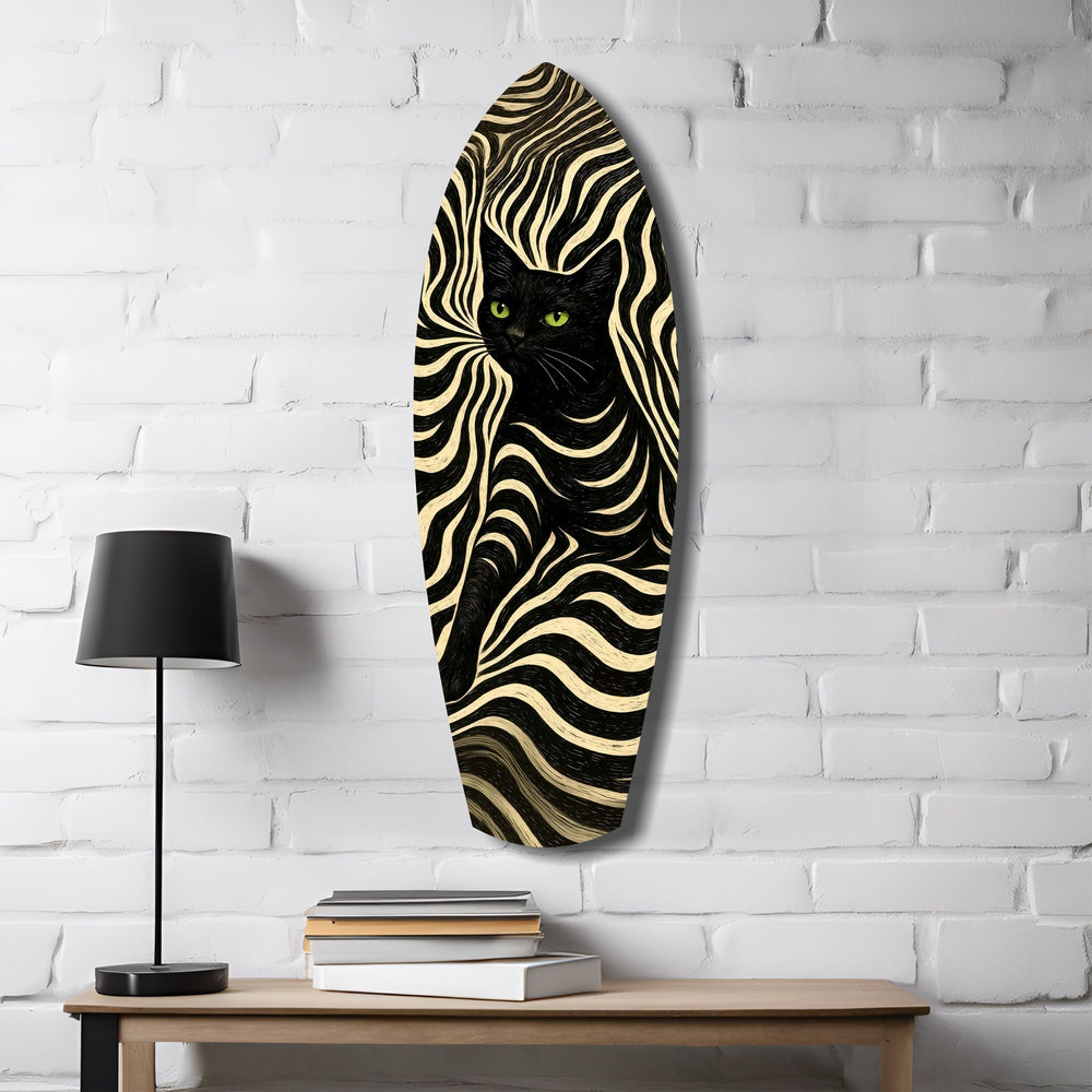 Black Cat Wavy Optical Pattern Glass Wall Art.
