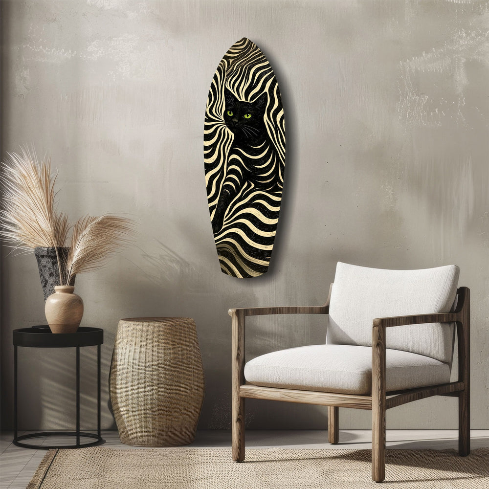 Black Cat Wavy Optical Pattern Glass Wall Art.